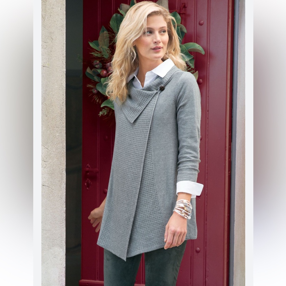 Soft Surroundings Miranda Gray Knit Wrap Cardigan Cowl Neck Size S